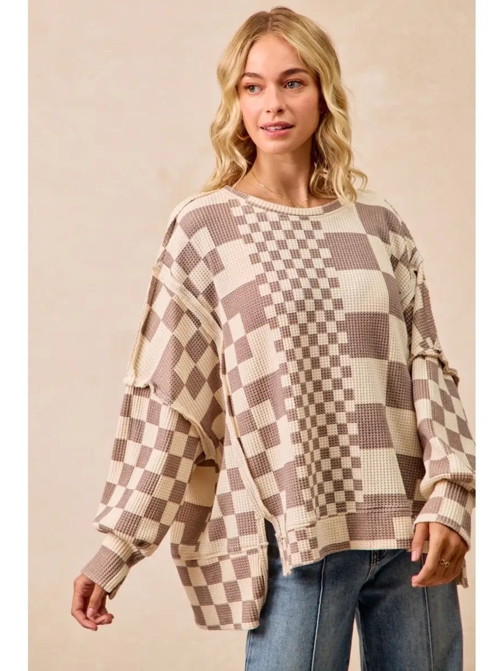 Bibi Checkerboard Waffleknit Pullover Sweatshirt in Beige and Cream NWT